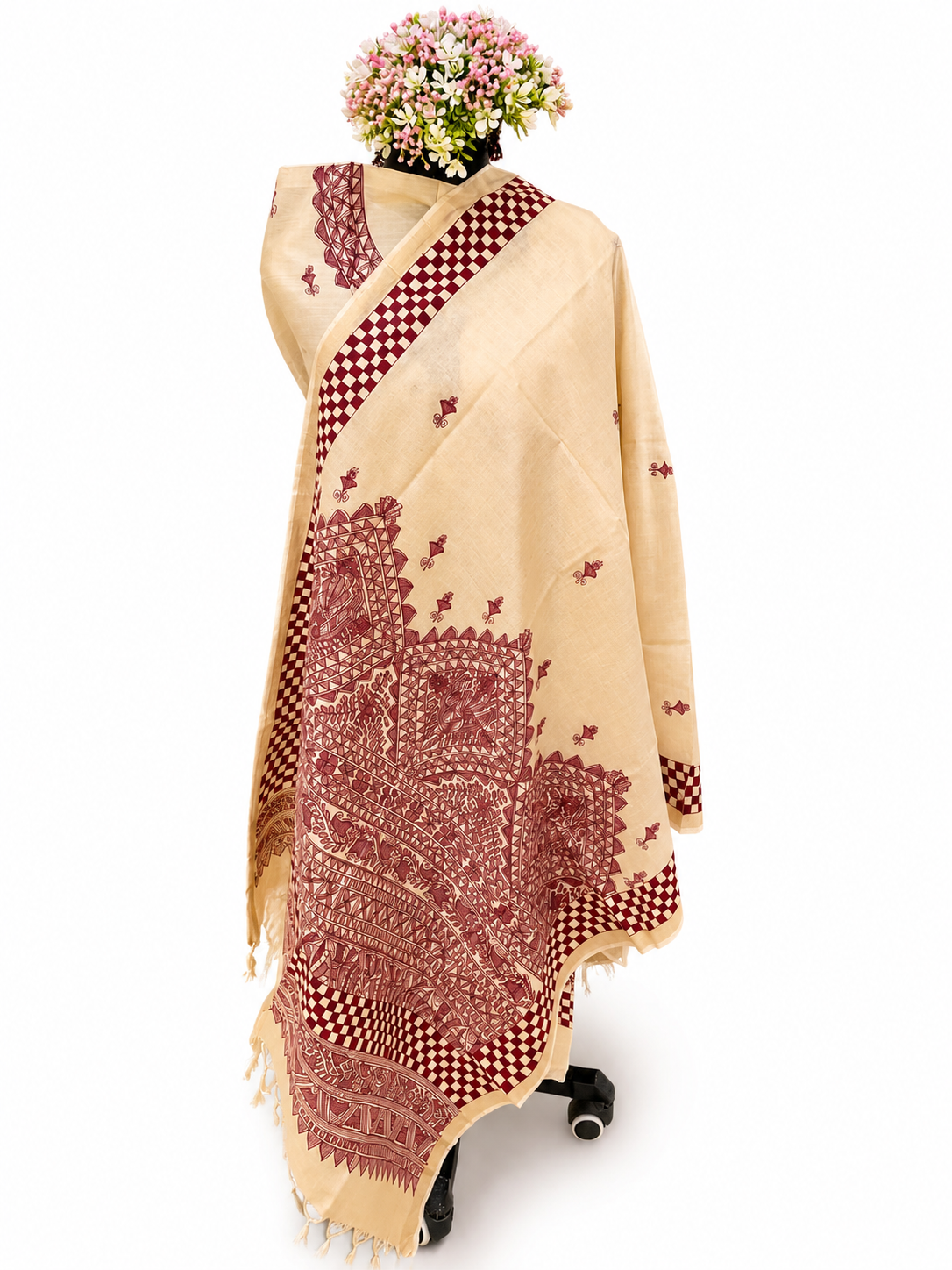 Hand-Painted Madhubani Tussar Munga Silk Suit Set with Designer Neckline and Artistic Dupatta