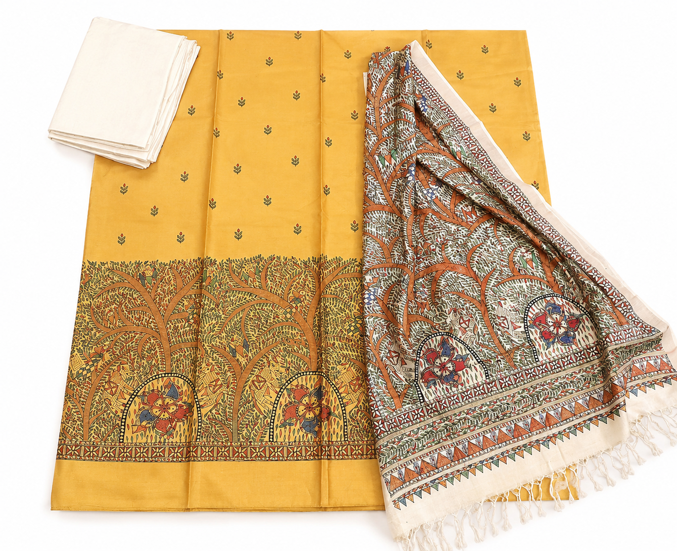 Unstitched Handpainted Tussar Munga Silk Suit Set with Fish, Peacock and Elephant Motifs, Boutique Work Dupatta with Zari Border and Cotton Lower