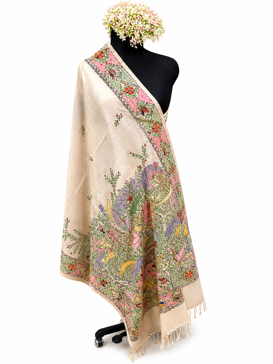 Hand-Woven Desi Tussar Silk Dupatta – Sujani and Madhubani Artistry