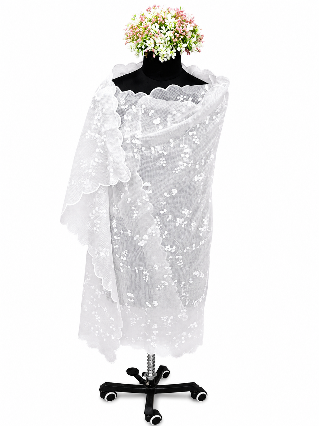 Hand-crafted Kota Dupatta – All-Over Leaf Pattern with Scalloped Edges