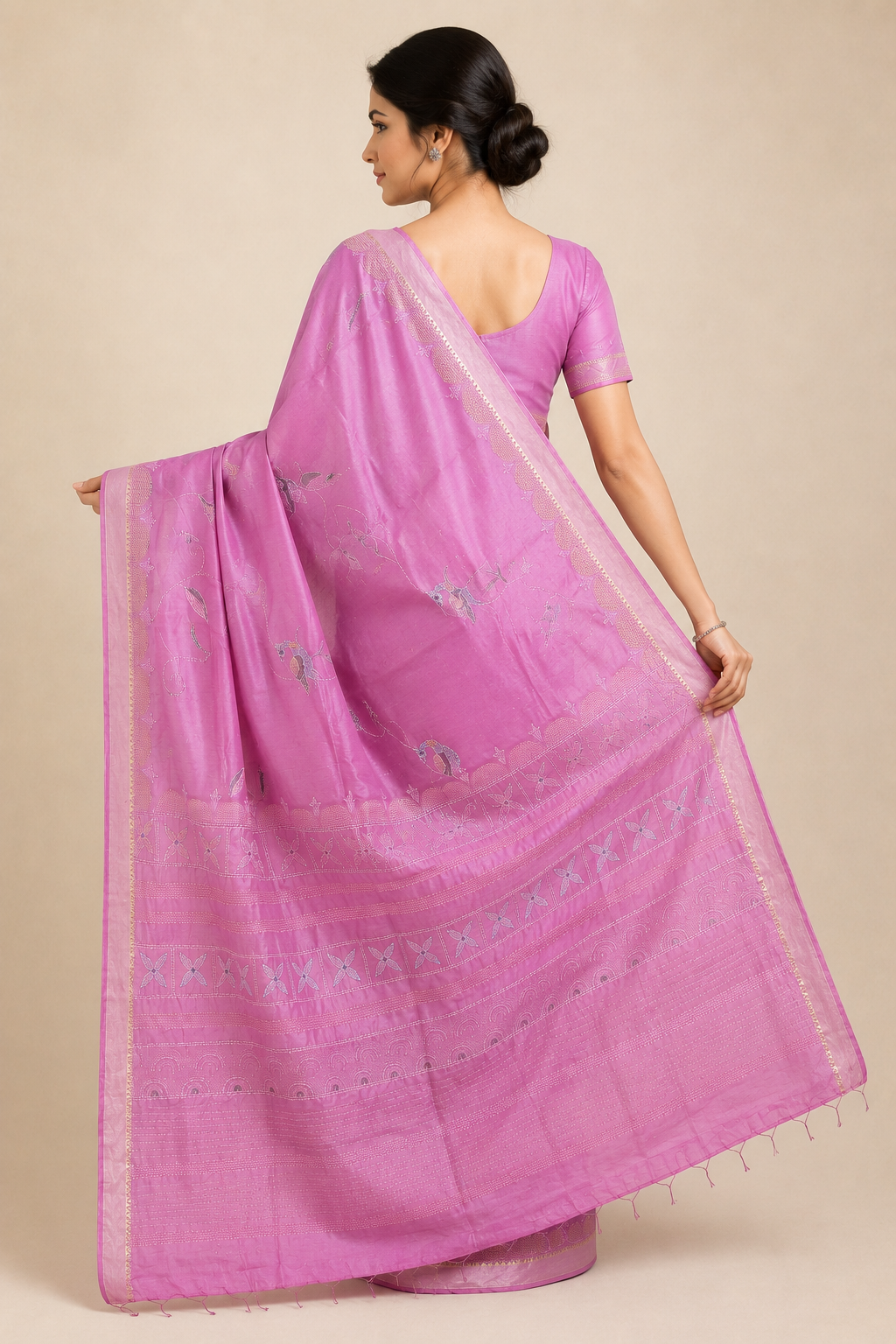 Hand-painted Tussar Munga Silk Saree with Sujani Embroidery & Gold Zari Border in Dusty Rose