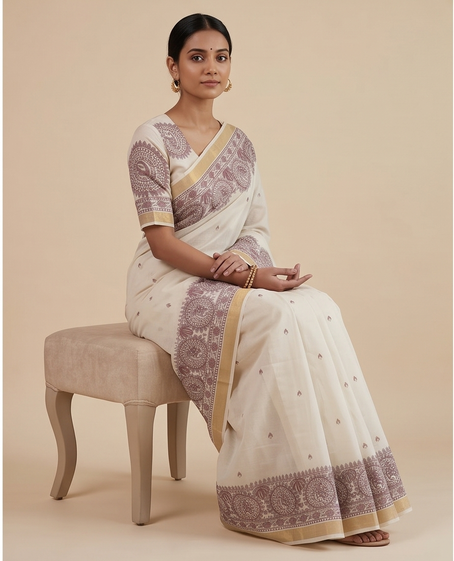 Hand-painted Madhubani Kerala Cotton Saree – Off White with Golden Zari Border