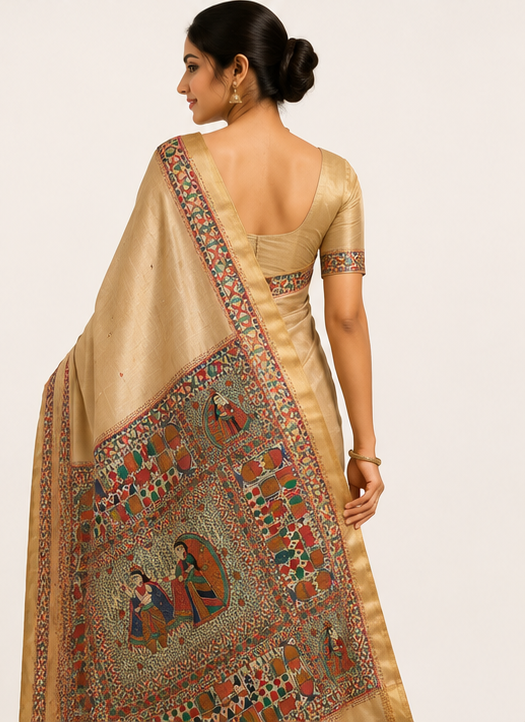 Handpainted Madhubani Tussar Ghicha Silk in Beige with Zari Border in Godhna Style and Radha-Krishna Theme
