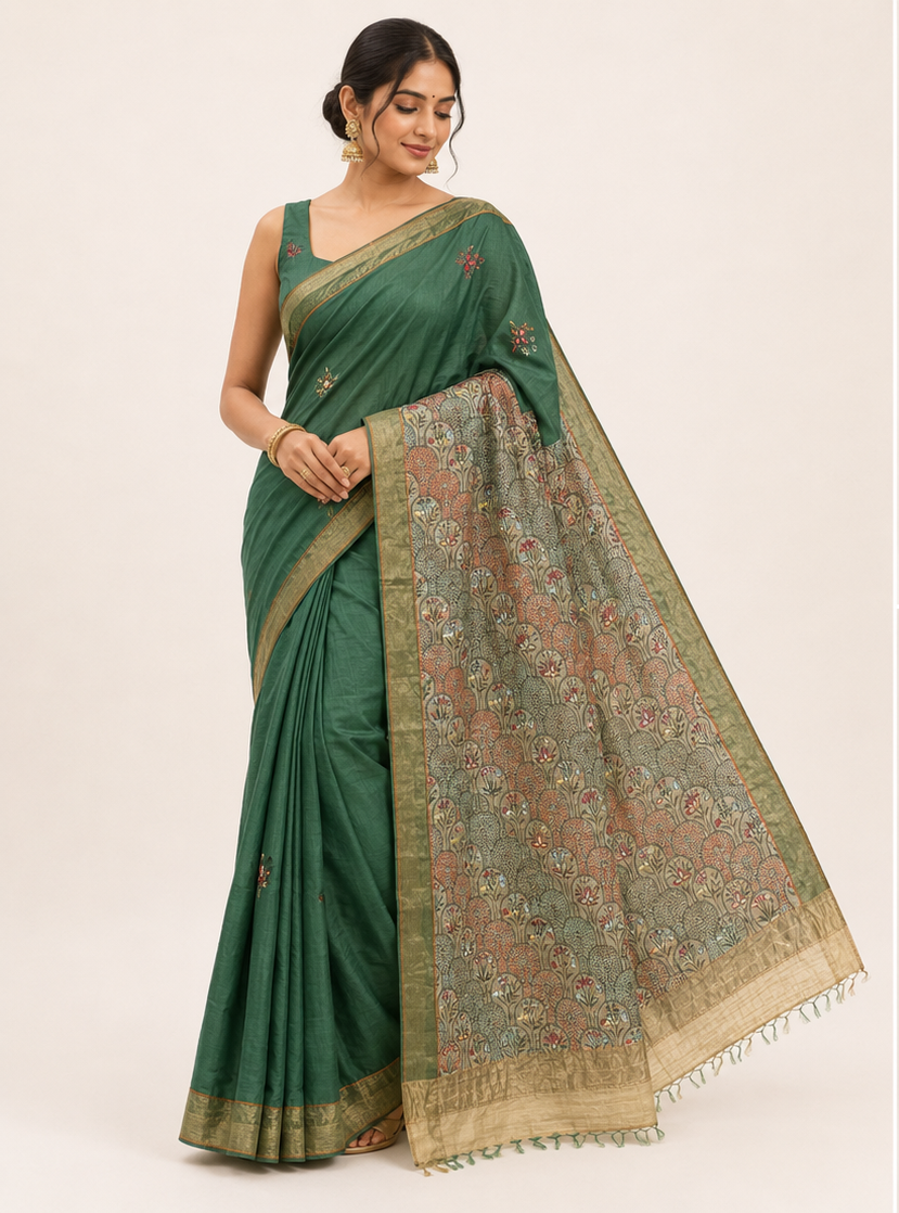 Handpainted Green Madhubani Tussar Staple Silk Saree with Sujani & Zari Border