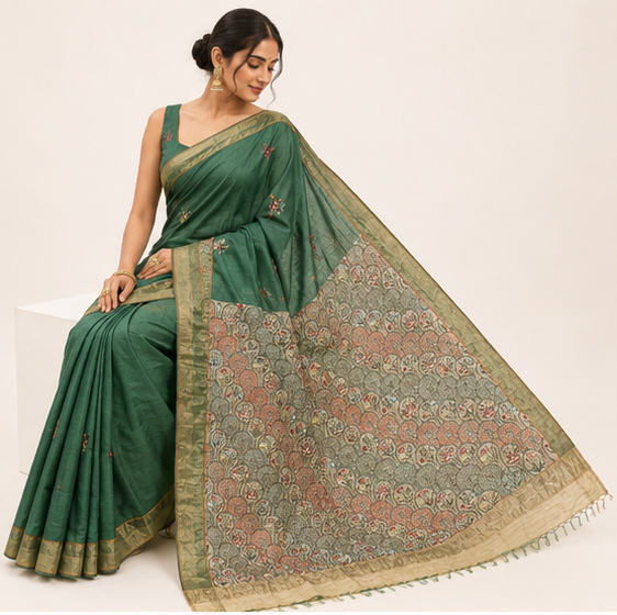 Handpainted Green Madhubani Tussar Staple Silk Saree with Sujani & Zari Border