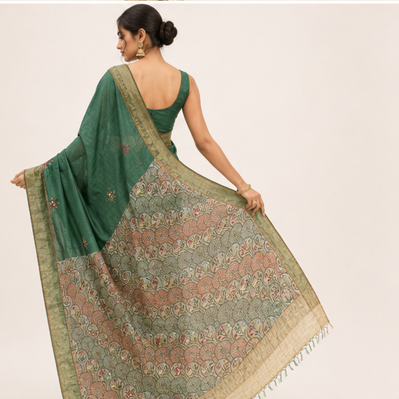 Handpainted Green Madhubani Tussar Staple Silk Saree with Sujani & Zari Border