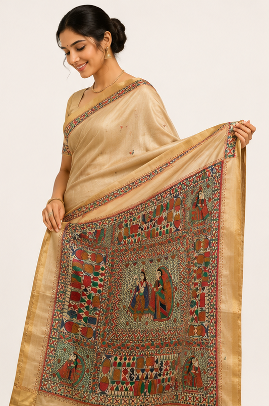 Handpainted Madhubani Tussar Ghicha Silk in Beige with Zari Border in Godhna Style and Radha-Krishna Theme