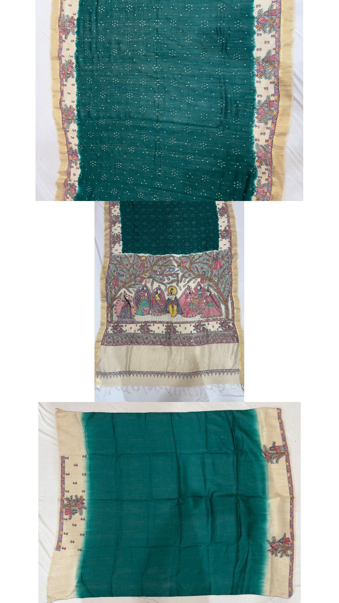 Handpainted Madhubani Tussar Munga Silk Saree with Bandhani Fusion - Rasleela Theme
