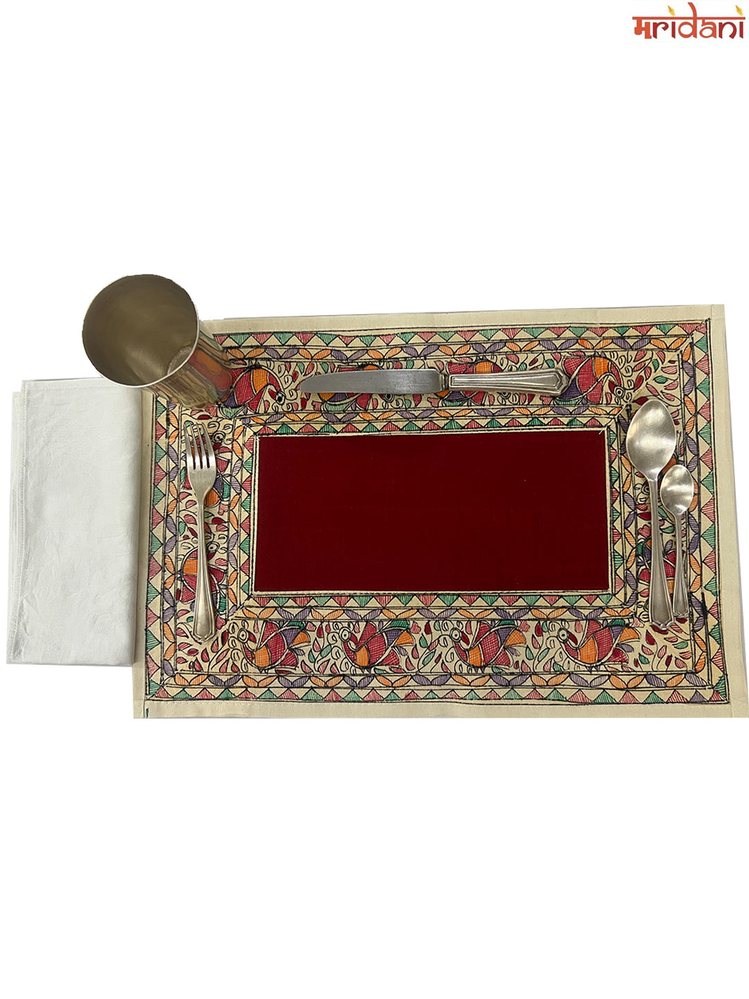 Hand-Painted Madhubani Table Mat Set – Exquisite Peacock Border Design on Maroon