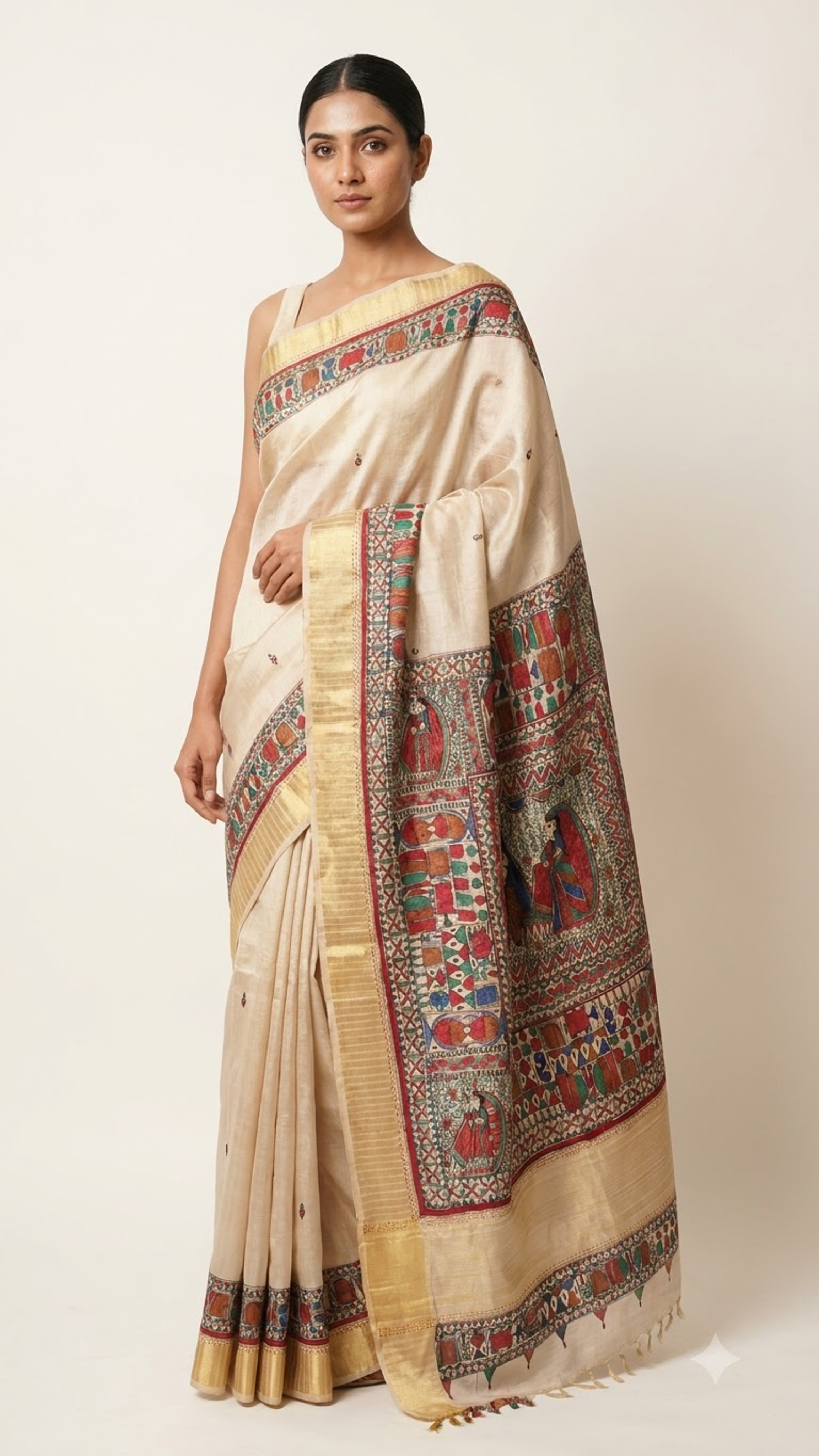 Handpainted Madhubani Tussar Ghicha Silk in Beige with Zari Border in Godhna Style and Radha-Krishna Theme