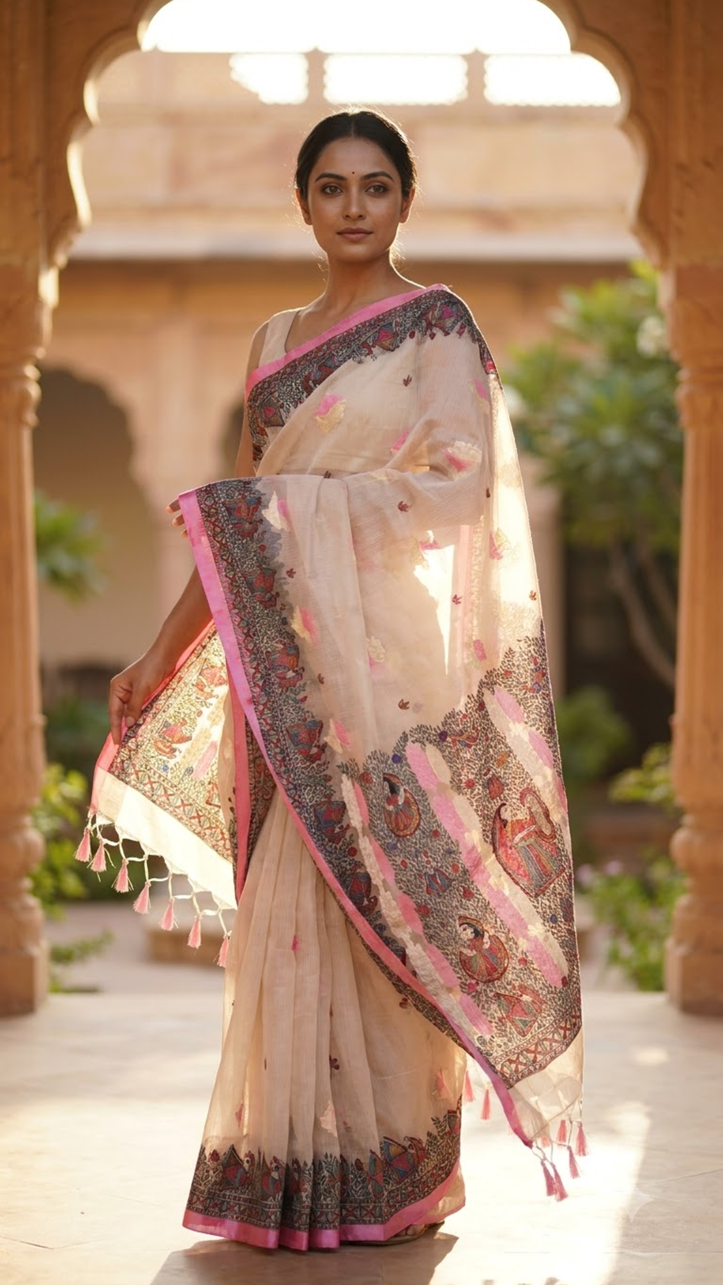 Hand-painted Ivory Pink Kota Silk Saree with Ram–Sita Swayamwar Madhubani Art & Rich Zari Border