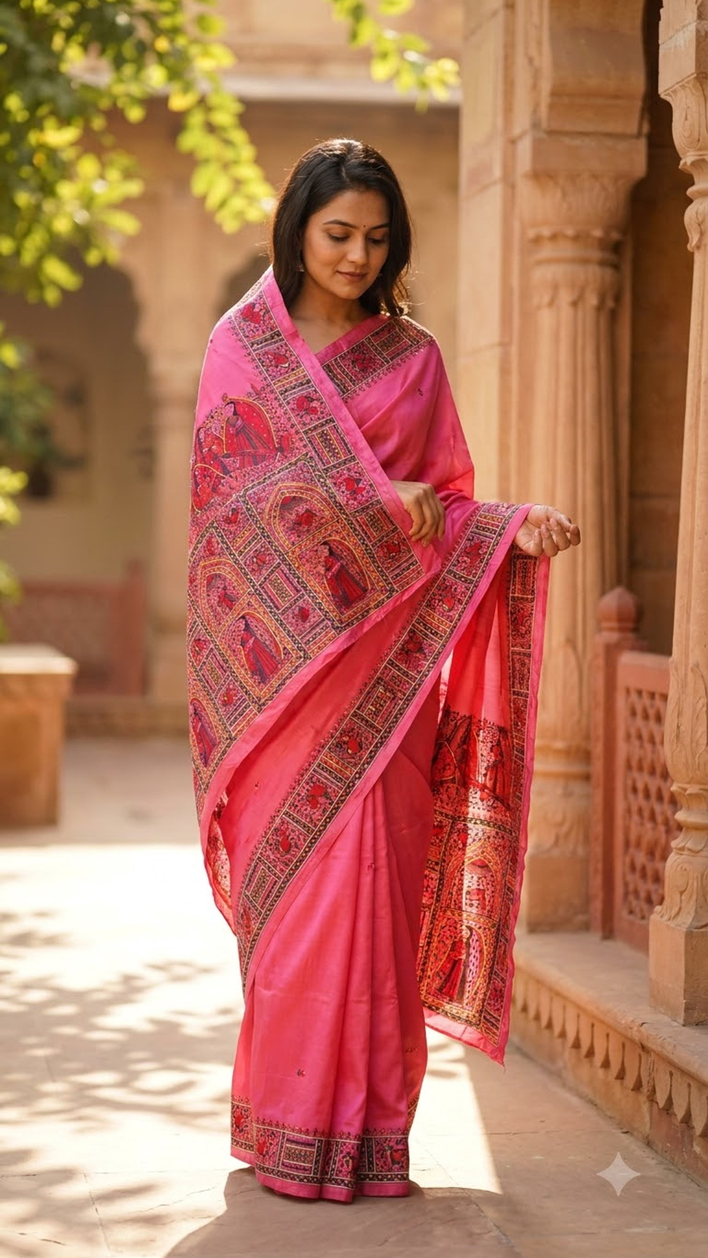 Hand-embroidery (AARI WORK) Hand-painted Murshidabad Silk Saree