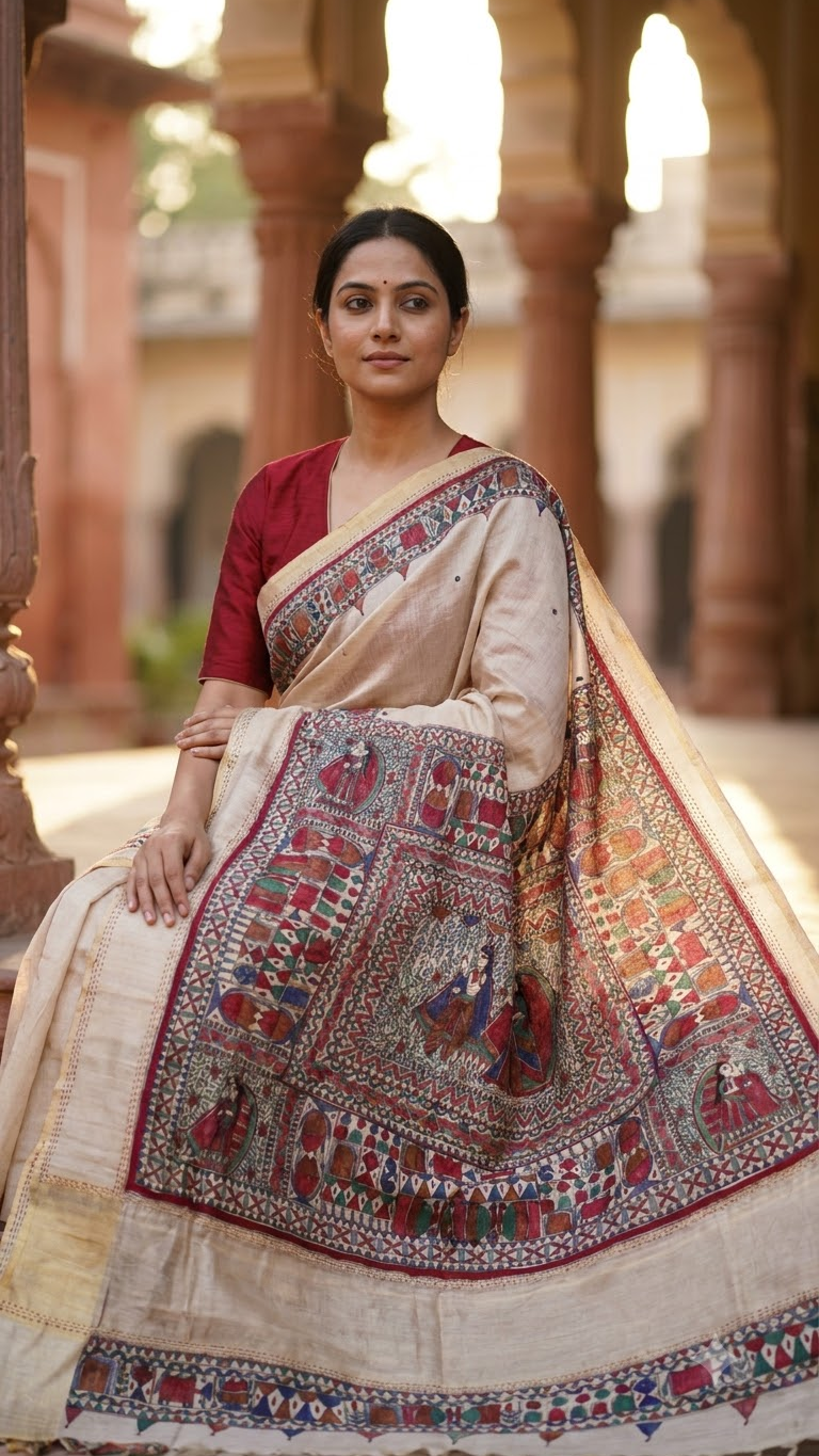 Handpainted Madhubani Tussar Ghicha Silk in Beige with Zari Border in Godhna Style and Radha-Krishna Theme