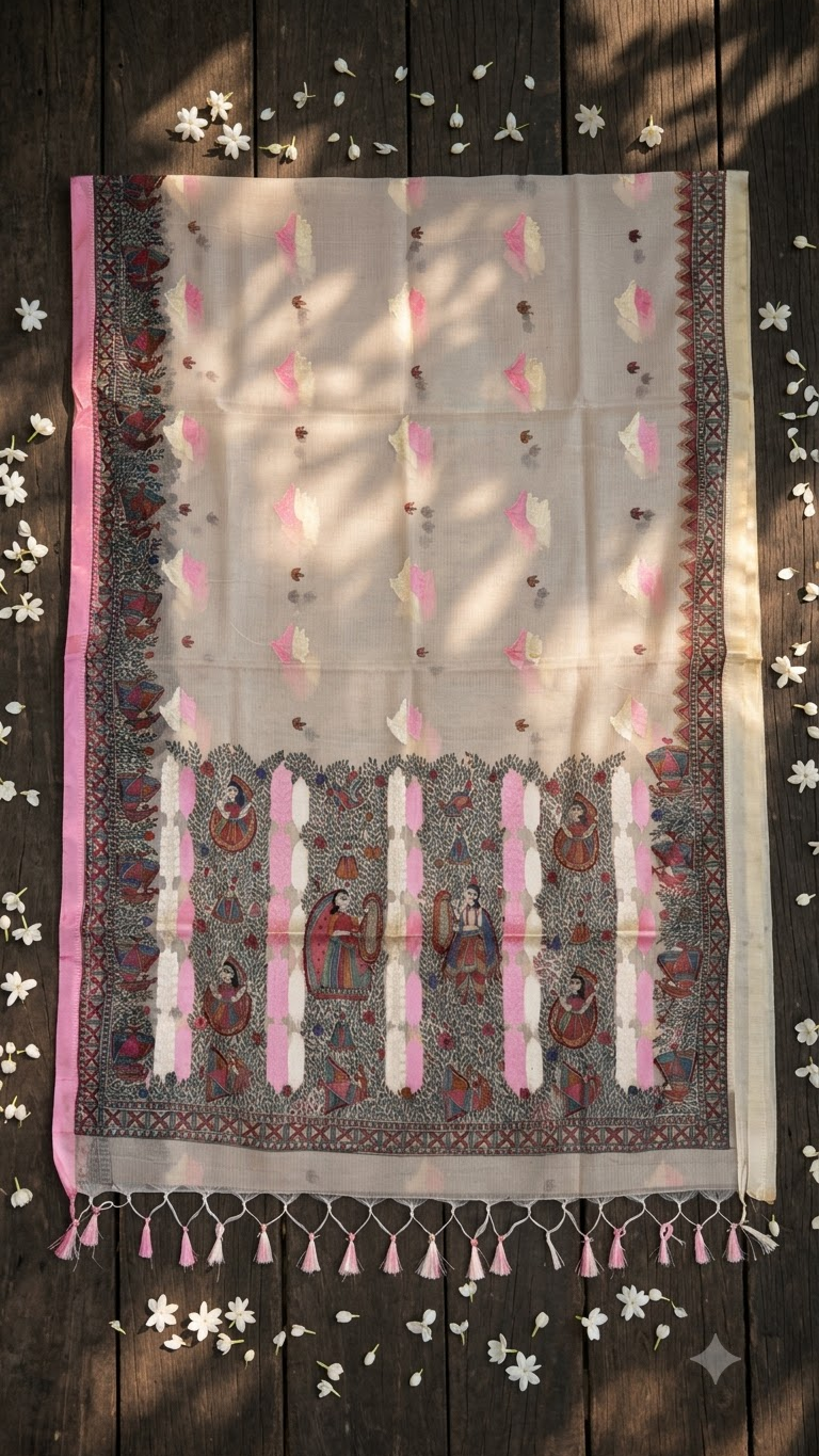 Hand-painted Ivory Pink Kota Silk Saree with Ram–Sita Swayamwar Madhubani Art & Rich Zari Border