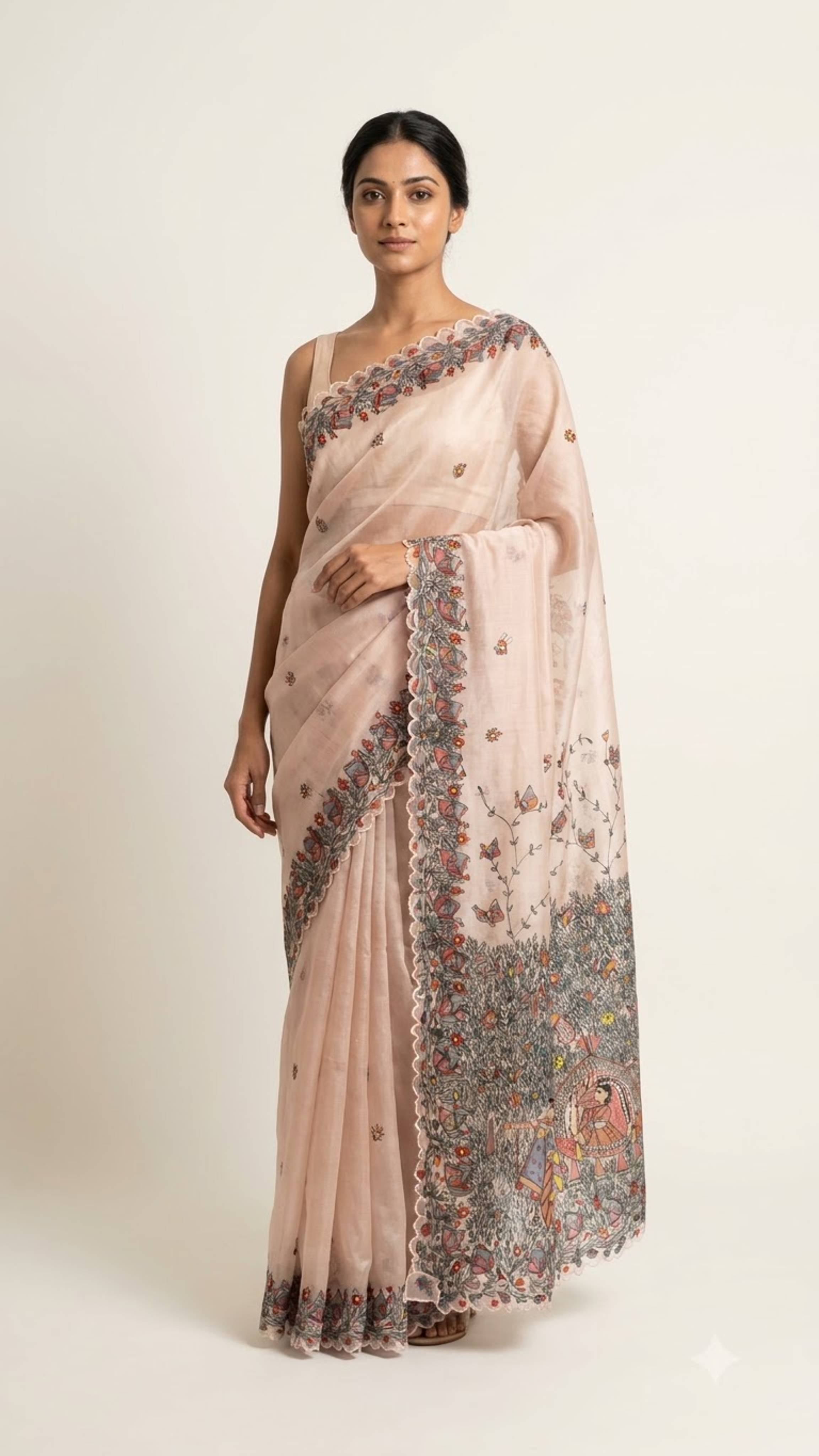 Hand-painted Organza Madhubani Saree – Doli Ka Haar Theme with Cutdana Work & Scalloped Border