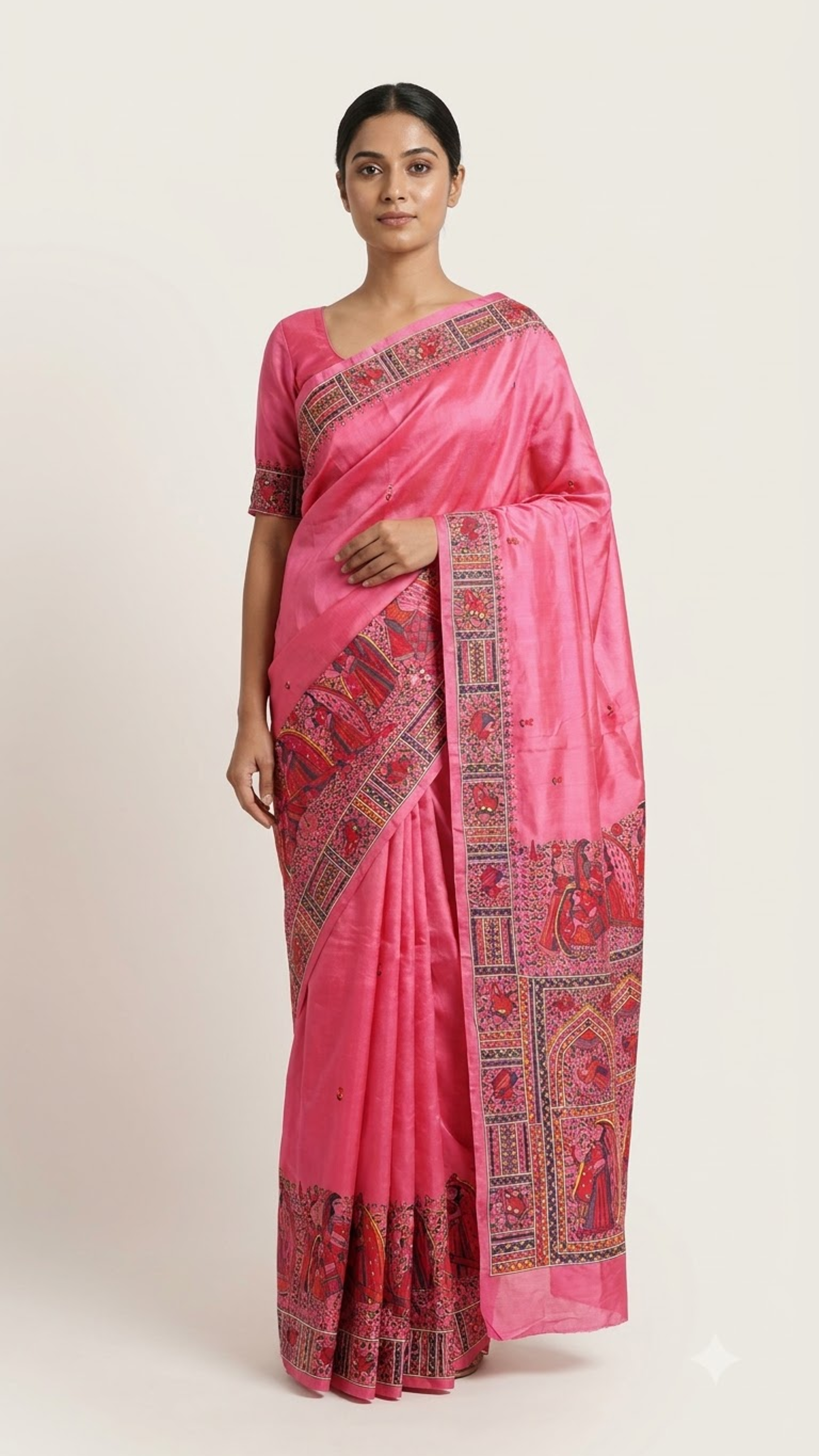 Hand-embroidery (AARI WORK) Hand-painted Murshidabad Silk Saree