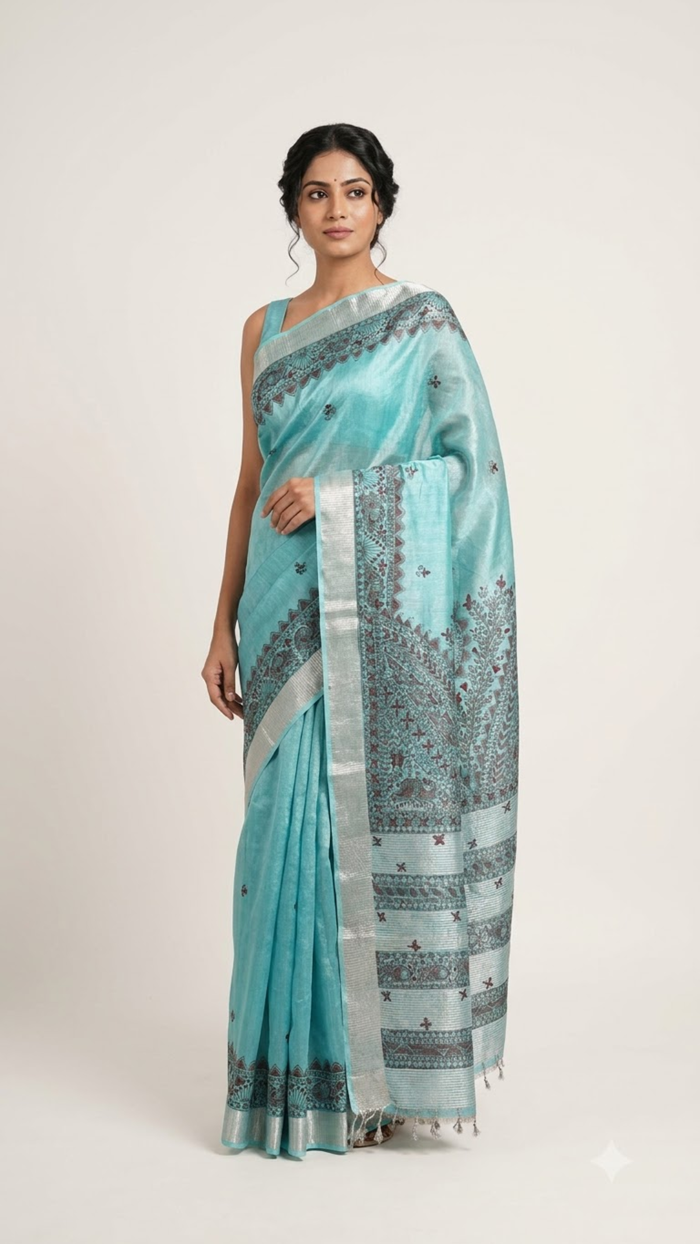Hand-painted Sky Blue Tissue Linen Madhubani Saree with Fish Motifs & Mandala Pallu