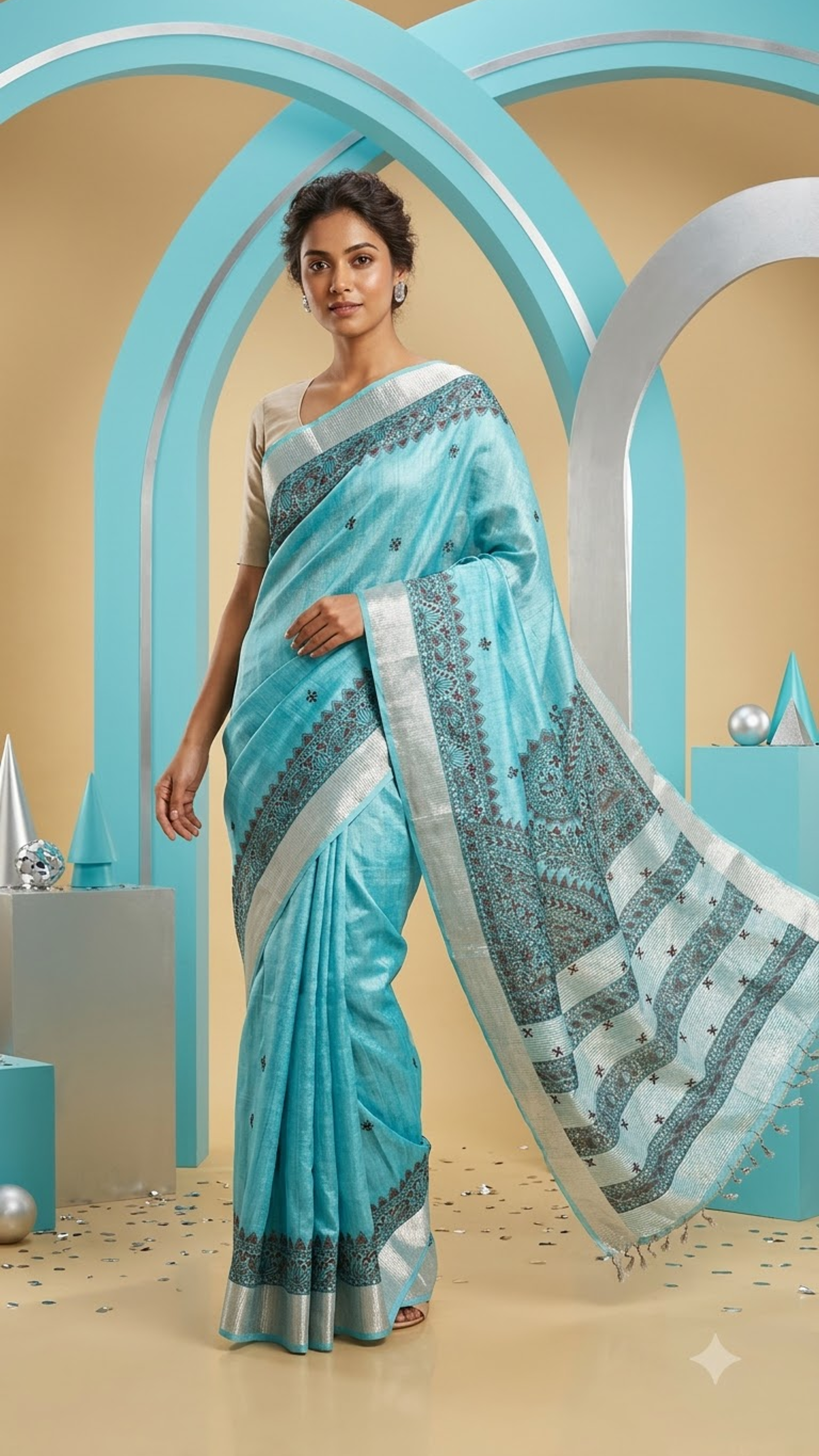 Hand-painted Sky Blue Tissue Linen Madhubani Saree with Fish Motifs & Mandala Pallu