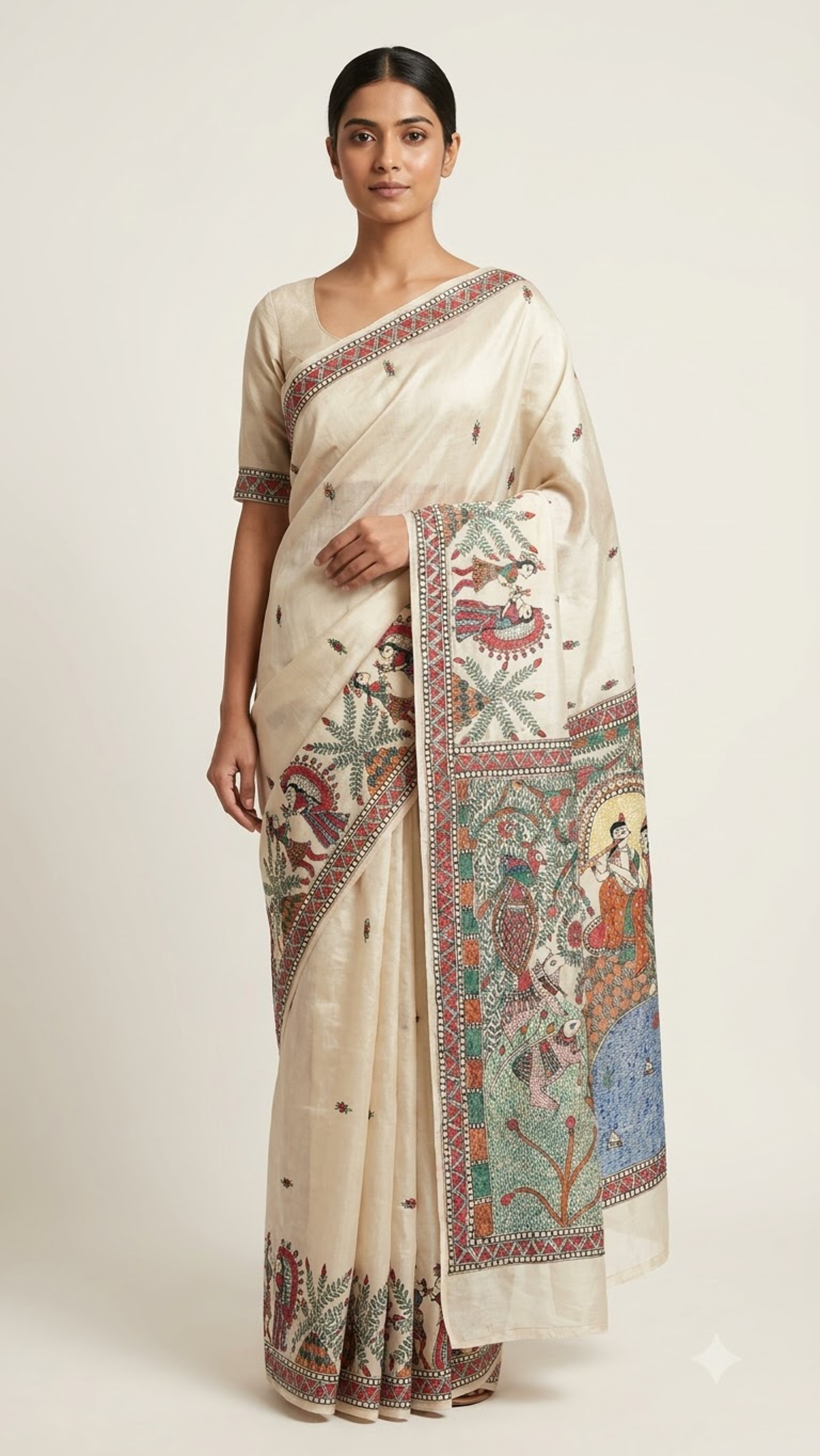 Hand-Painted Madhubani  Premium Chanderi Saree – Radha Krishna Theme with Peacock, Cow & Dance Border