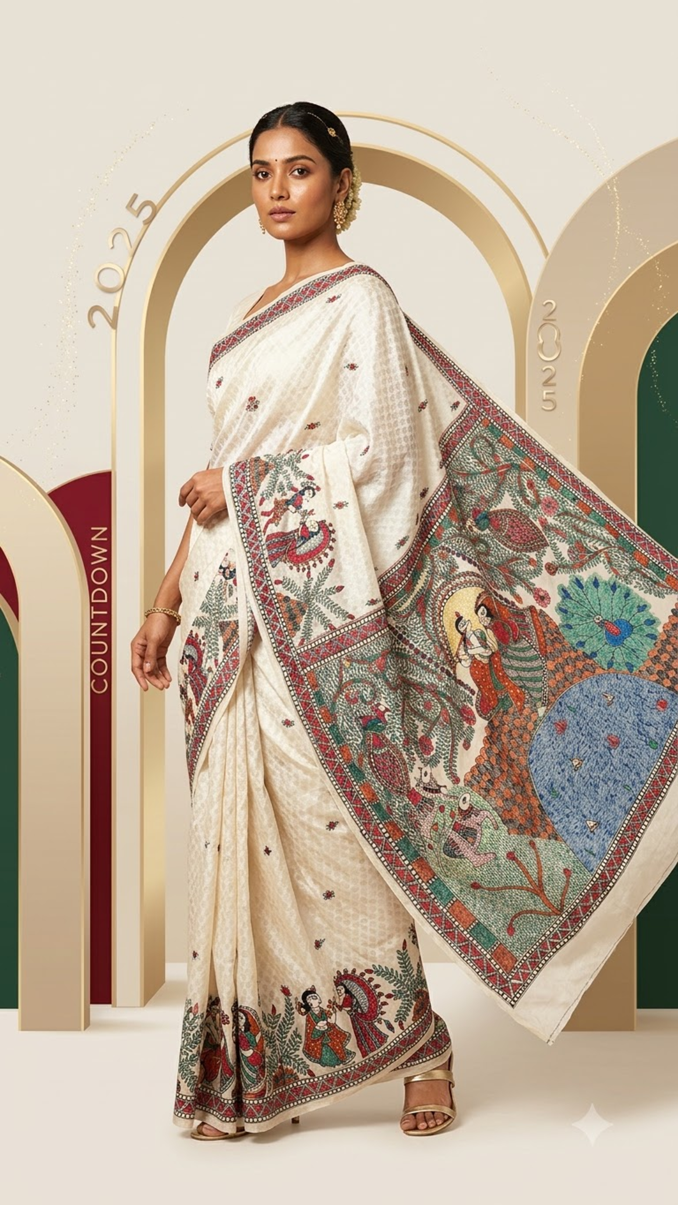 Hand-Painted Madhubani  Premium Chanderi Saree – Radha Krishna Theme with Peacock, Cow & Dance Border