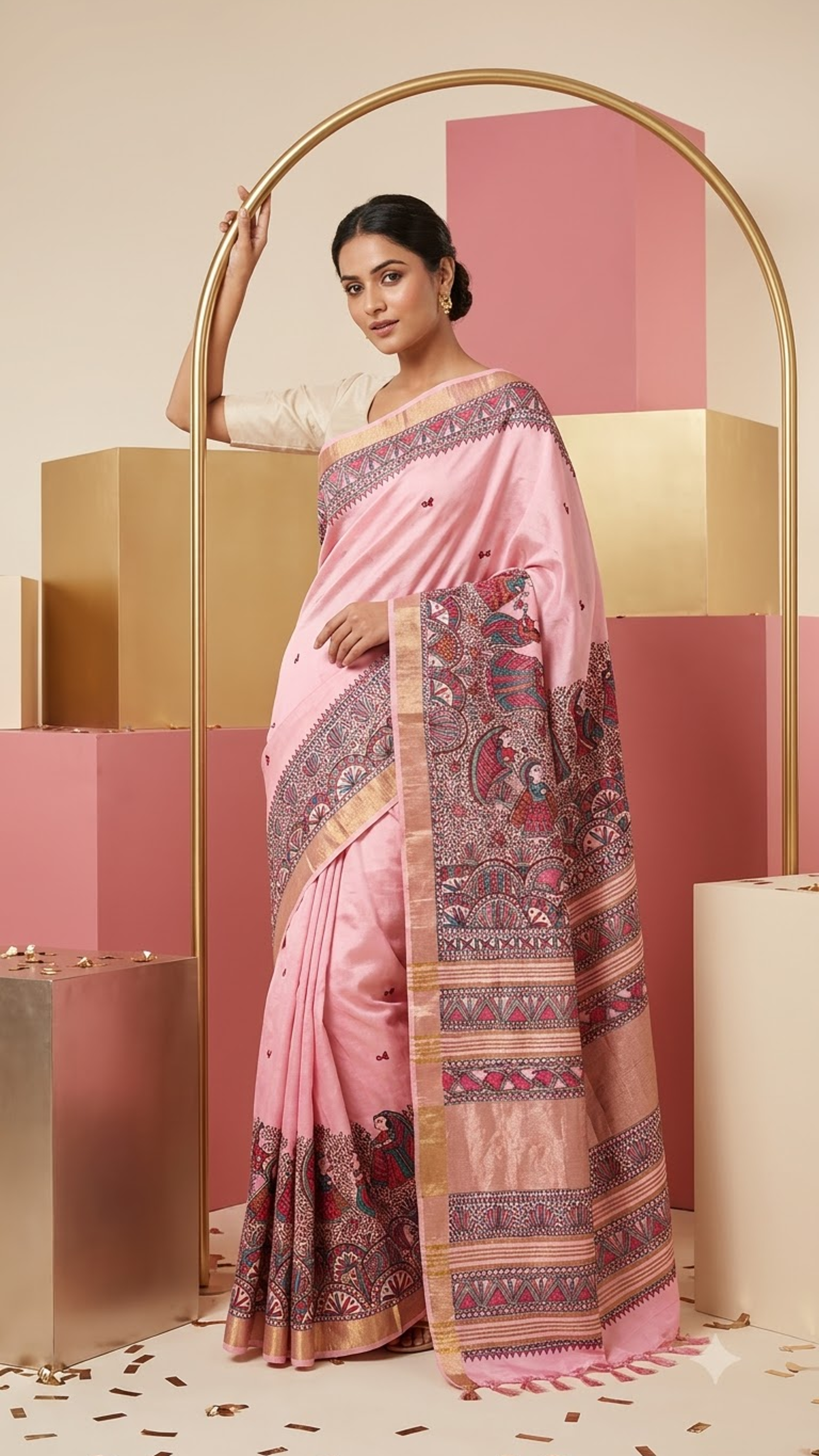 Hand-painted Blush Pink Dancing Doll Madhubani Cotton Silk Saree with Fish Motif Zari Border