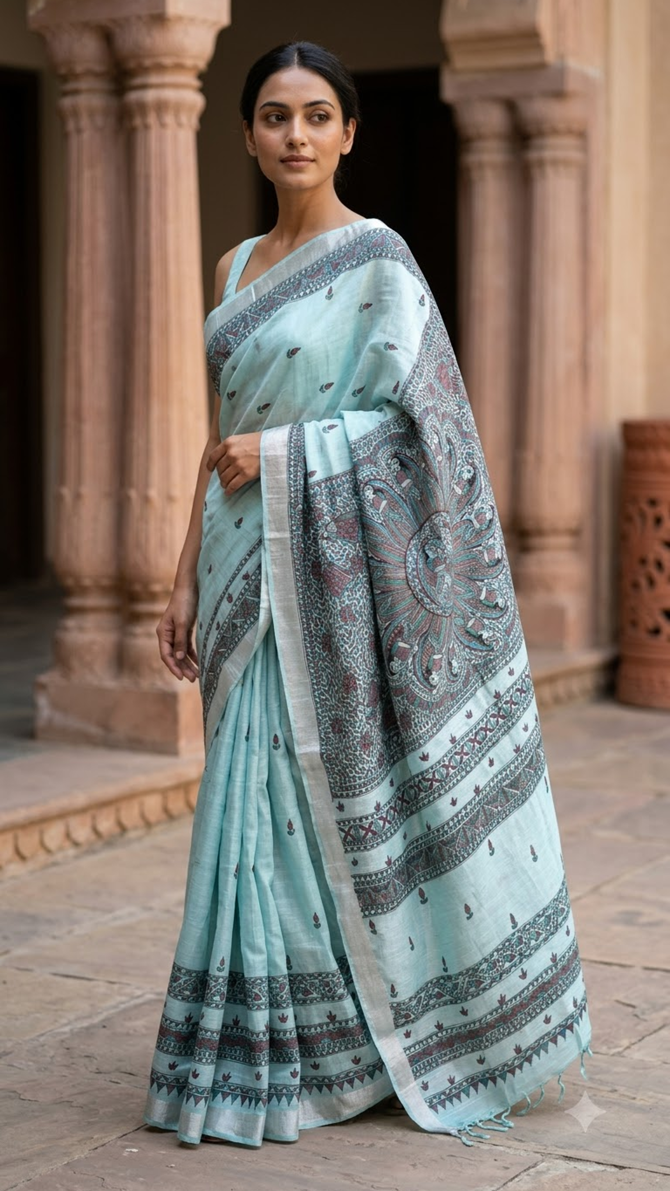 Hand-painted Rasleela Madhubani Linen Cotton Saree with Buti Body and Geometric Zari Border in Ice Blue