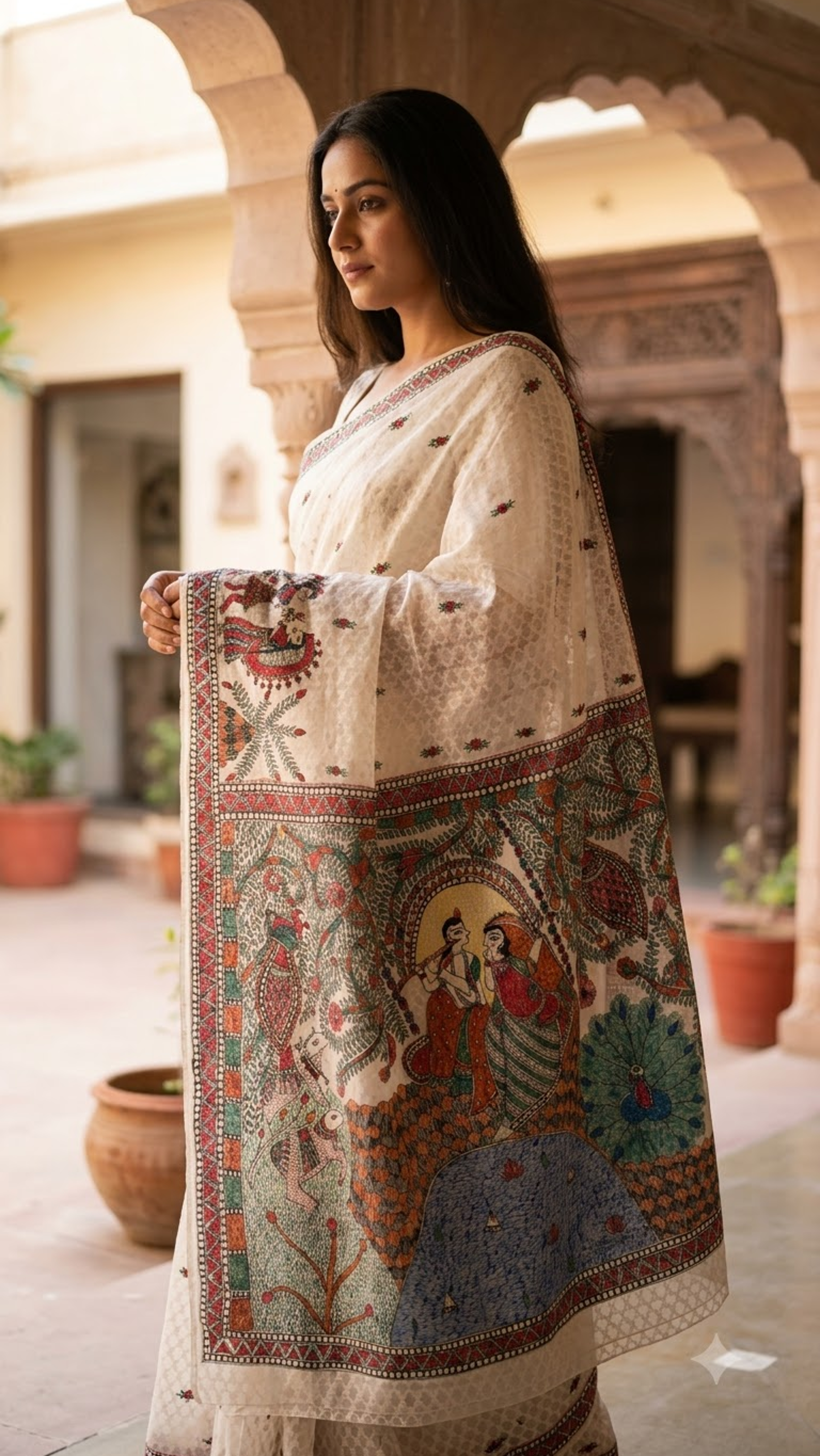 Hand-Painted Madhubani  Premium Chanderi Saree – Radha Krishna Theme with Peacock, Cow & Dance Border