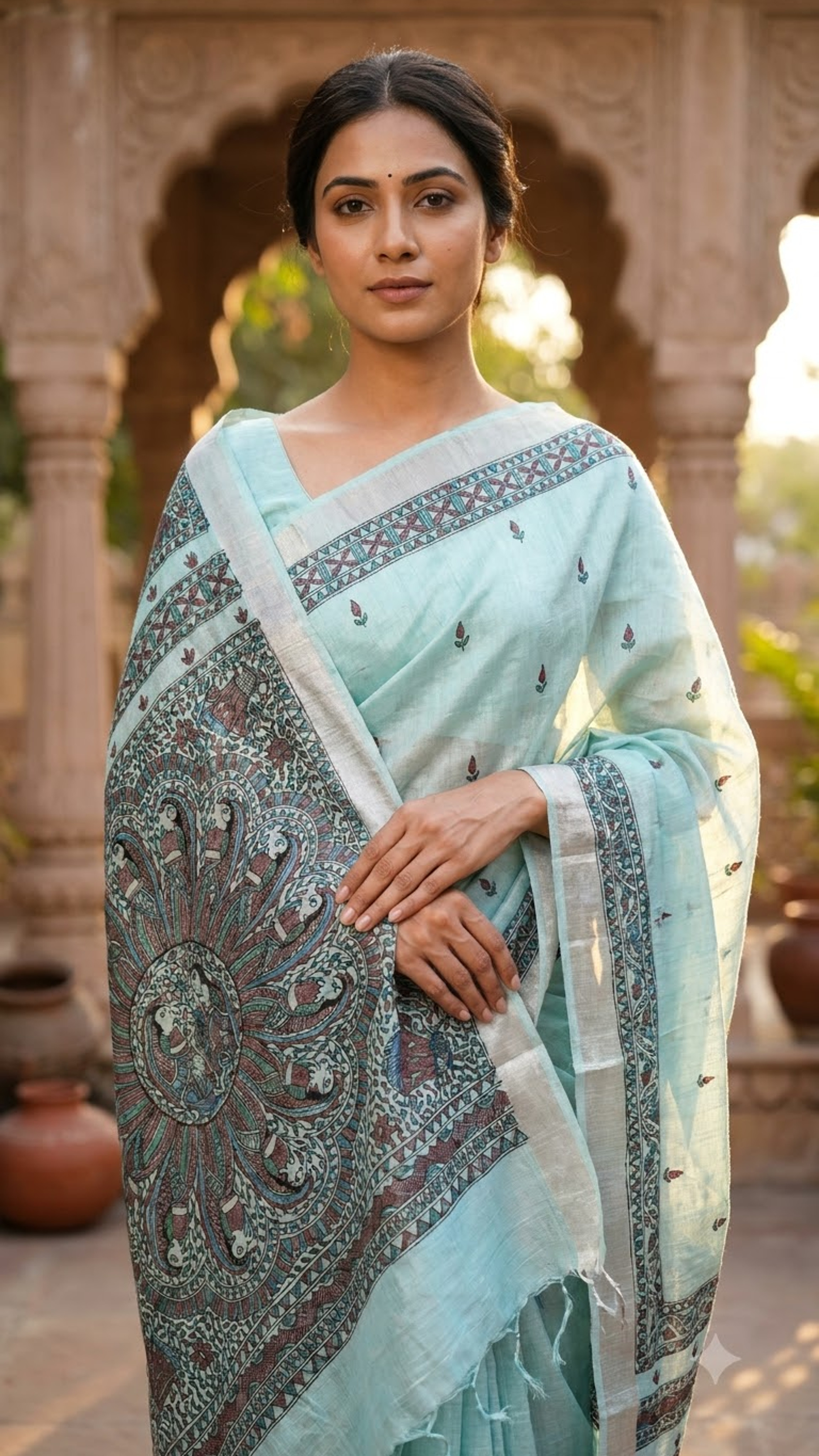 Hand-painted Rasleela Madhubani Linen Cotton Saree with Buti Body and Geometric Zari Border in Ice Blue