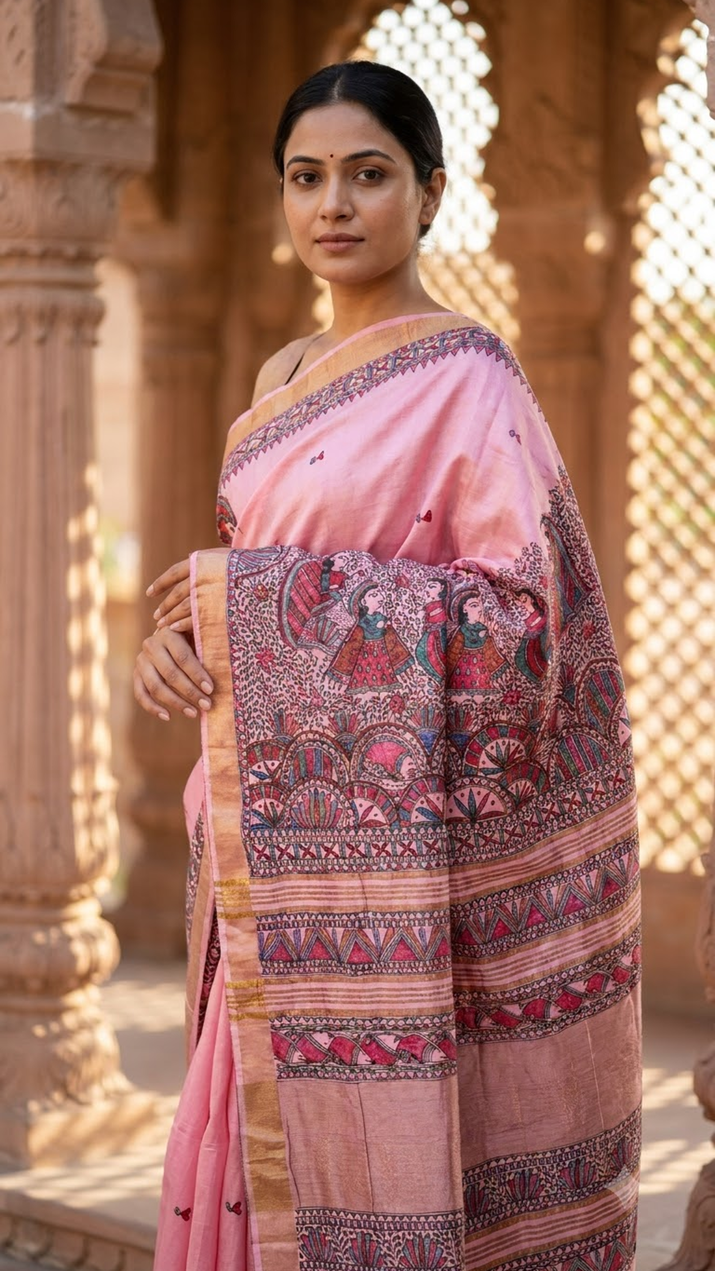 Hand-painted Blush Pink Dancing Doll Madhubani Cotton Silk Saree with Fish Motif Zari Border