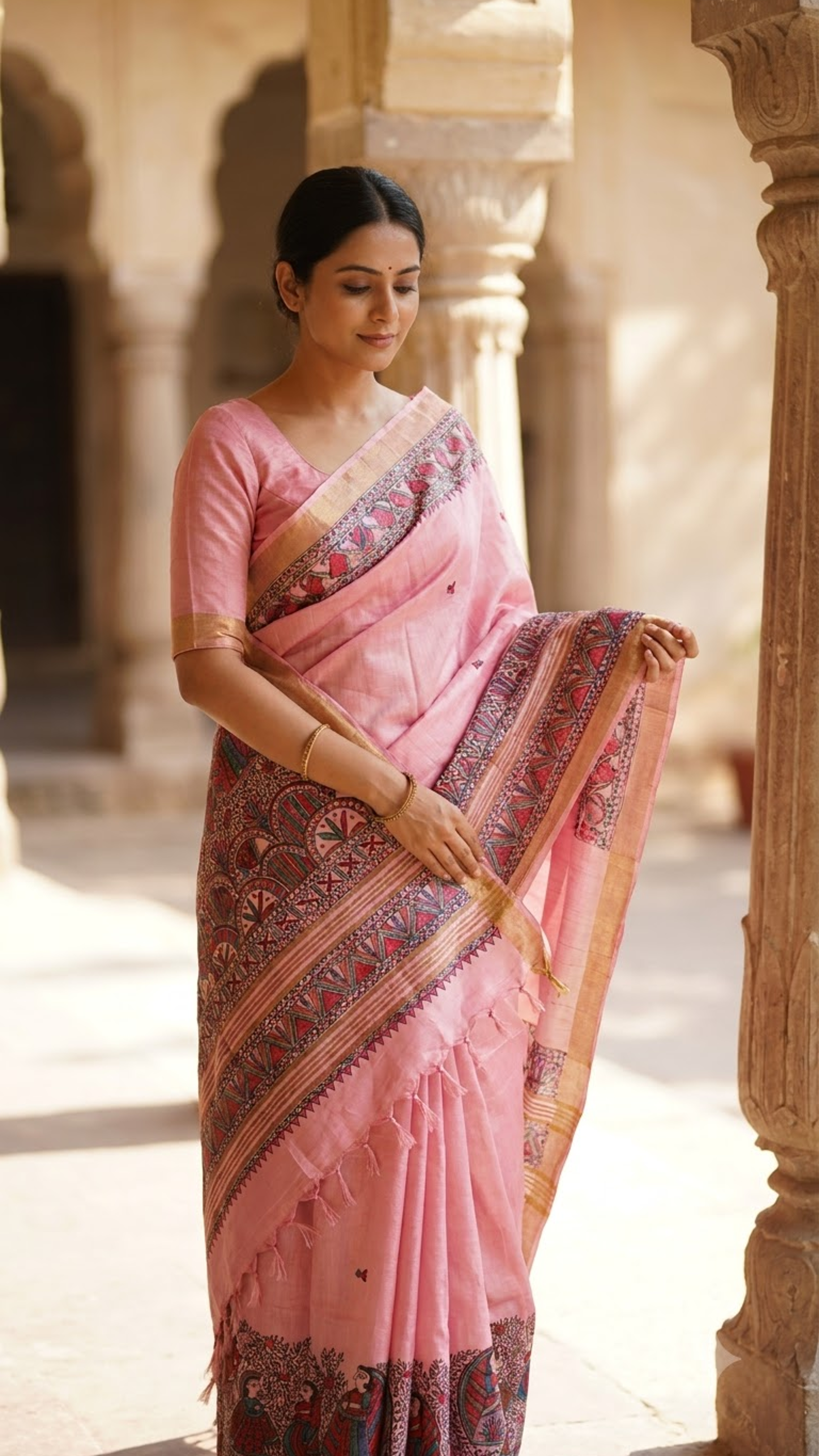 Hand-painted Blush Pink Dancing Doll Madhubani Cotton Silk Saree with Fish Motif Zari Border