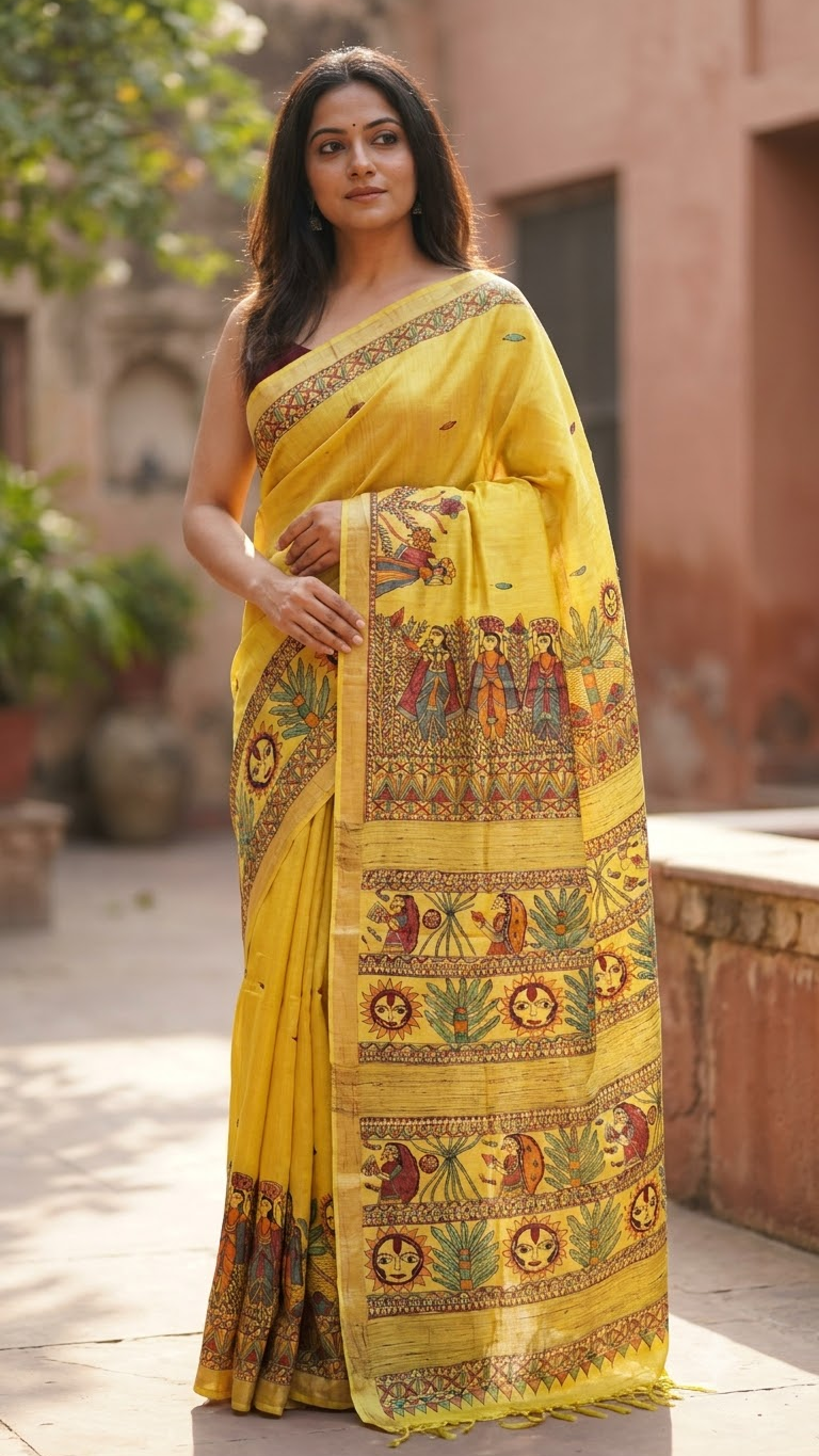 Premium Bright Yellow Tussar Munga Silk Madhubani Saree with Chhath Puja Artwork