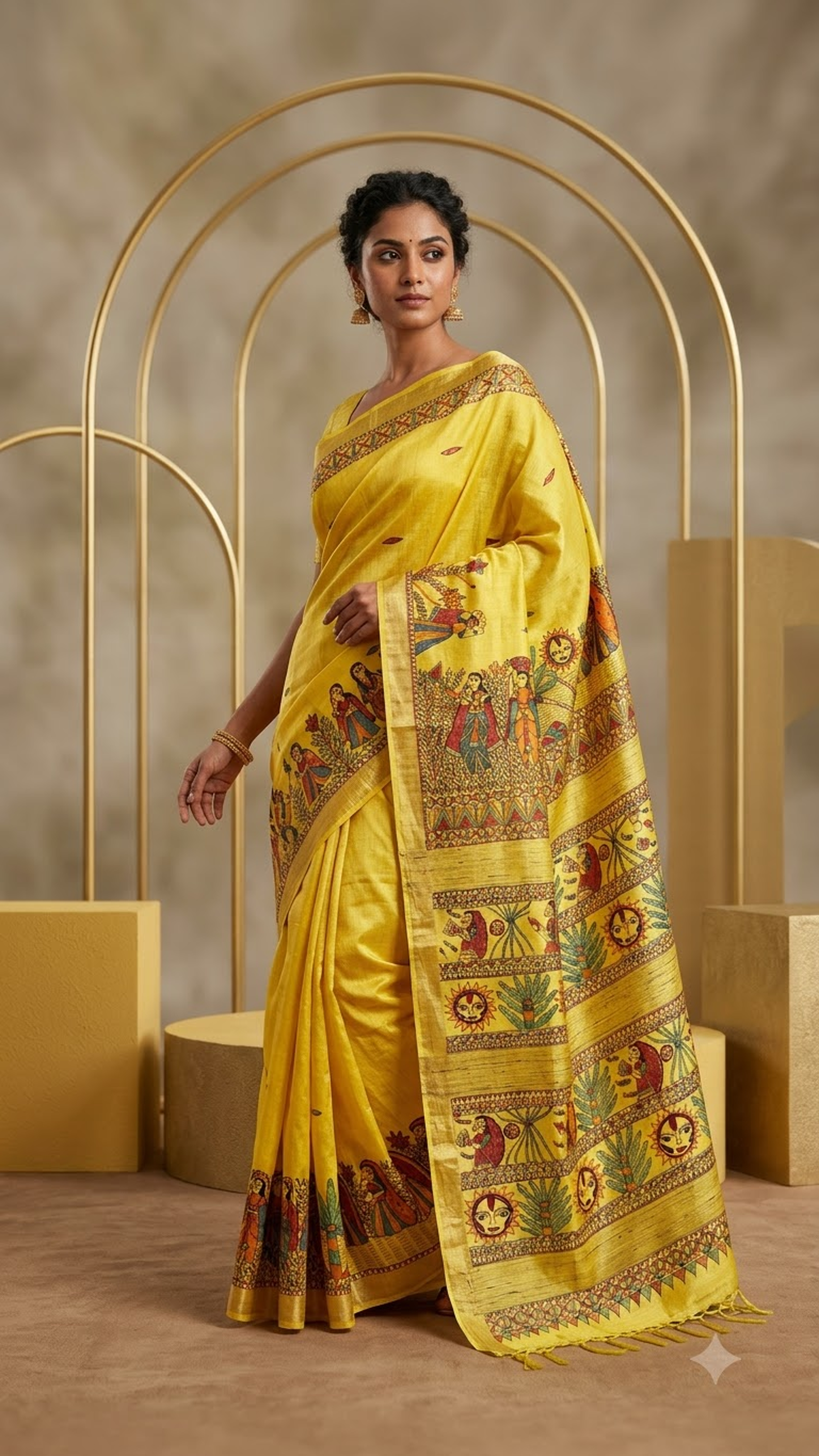 Premium Bright Yellow Tussar Munga Silk Madhubani Saree with Chhath Puja Artwork