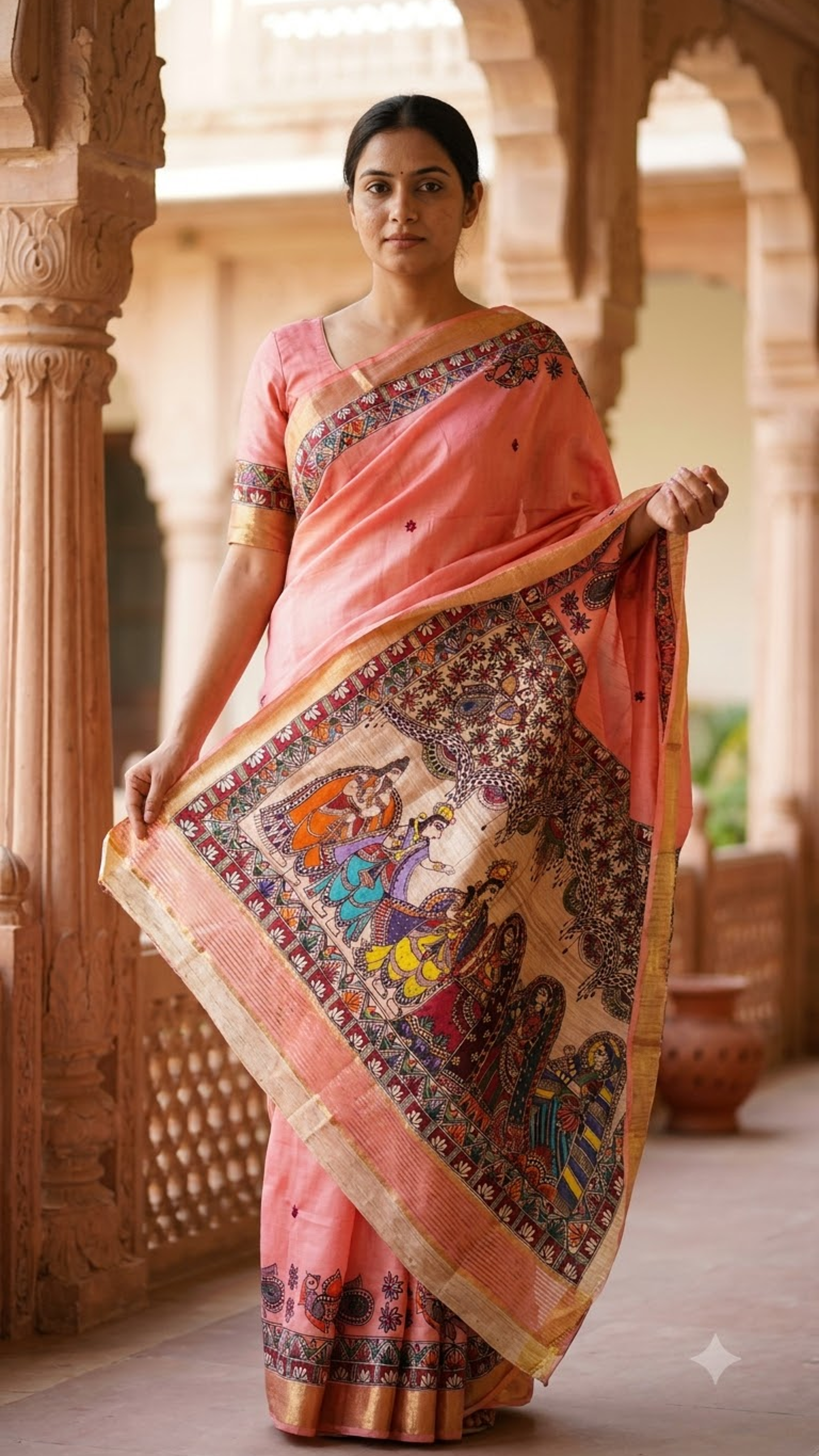 Premium Peach Pink Ghicha Staple Silk Hand-Painted Madhubani Saree with Grand Ram Vivah Pallu