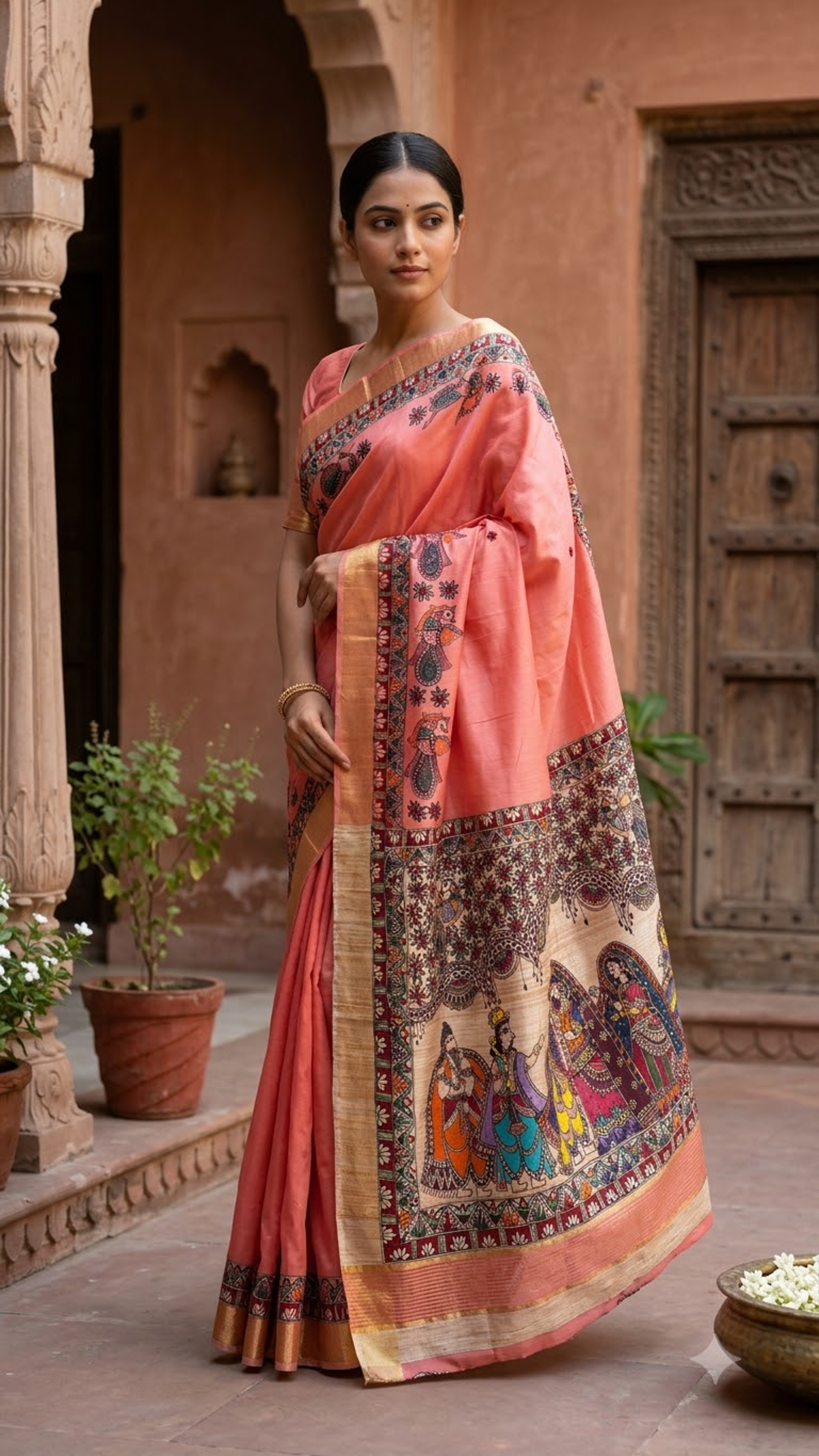 Premium Peach Pink Ghicha Staple Silk Hand-Painted Madhubani Saree with Grand Ram Vivah Pallu