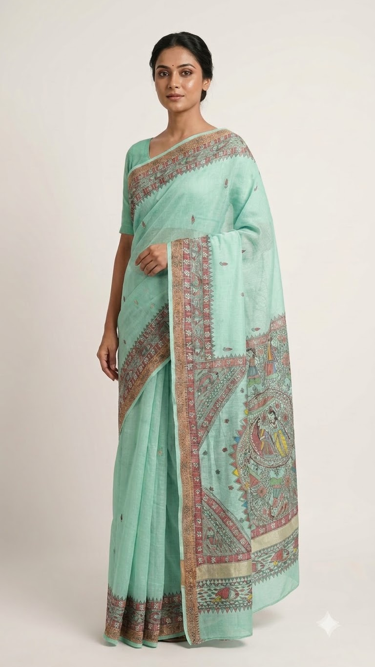 Hand-painted Chanderi Madhubani Saree with Designer Zari Border in Pastel Mint Green
