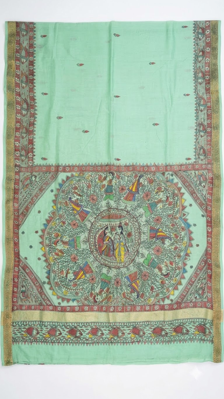 Hand-painted Chanderi Madhubani Saree with Designer Zari Border in Pastel Mint Green