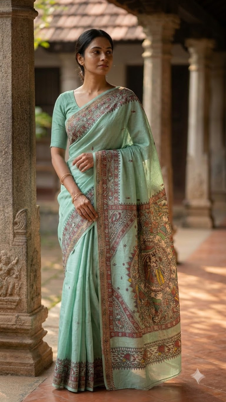 Hand-painted Chanderi Madhubani Saree with Designer Zari Border in Pastel Mint Green
