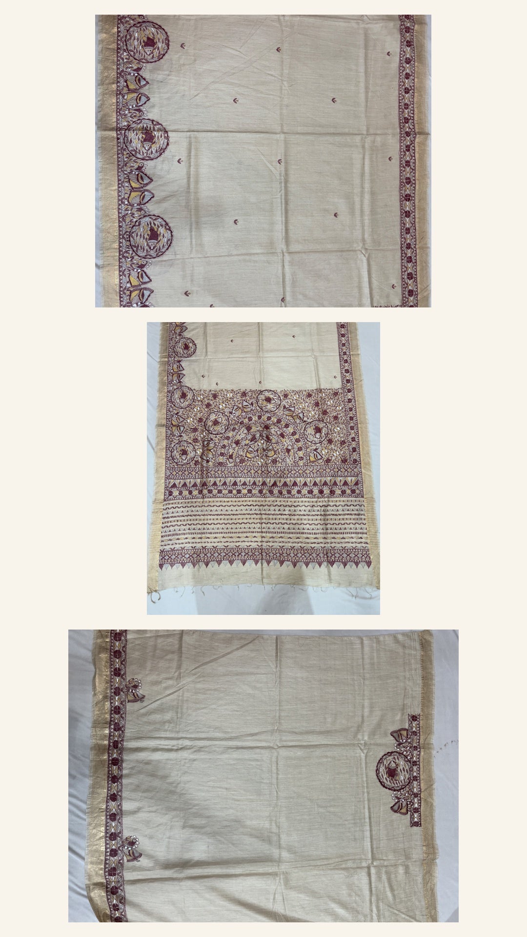 Handpainted Madhubani Tussar Munga Silk Saree with Zari Border