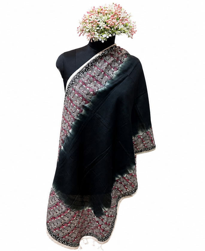 Handpainted Madhubani Tussar Munga Silk Stole with Fish Motifs