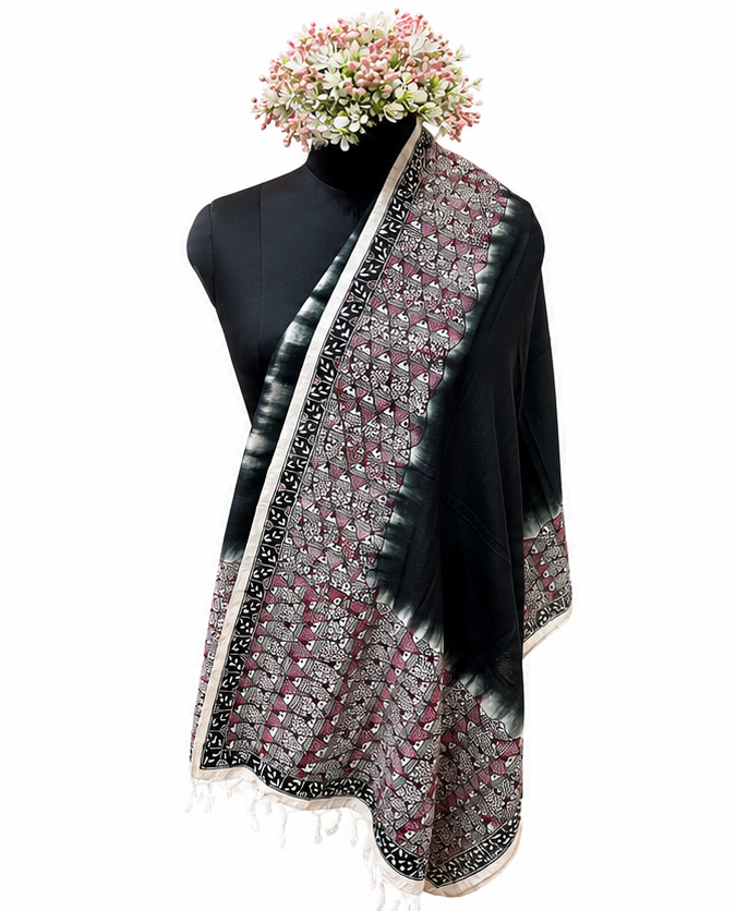 Handpainted Madhubani Tussar Munga Silk Stole with Fish Motifs